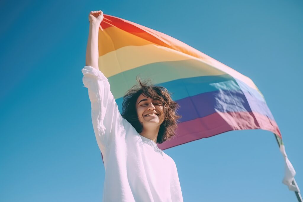 A young lady holding a rainbow flag.